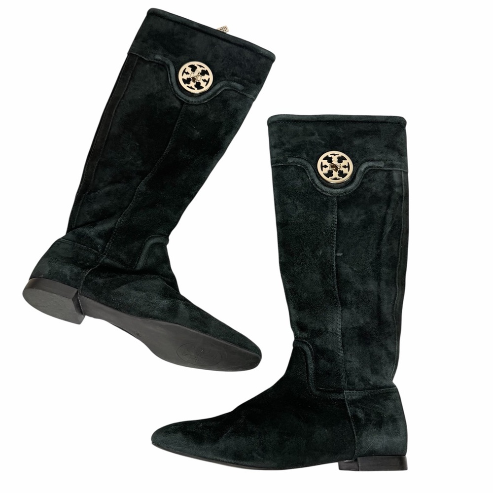 TORY BURCH BLACK SUEDE KNEE LENGTH FLAT BOOTS ZIPPER & GOLD LOGO MEDALLION 7.5